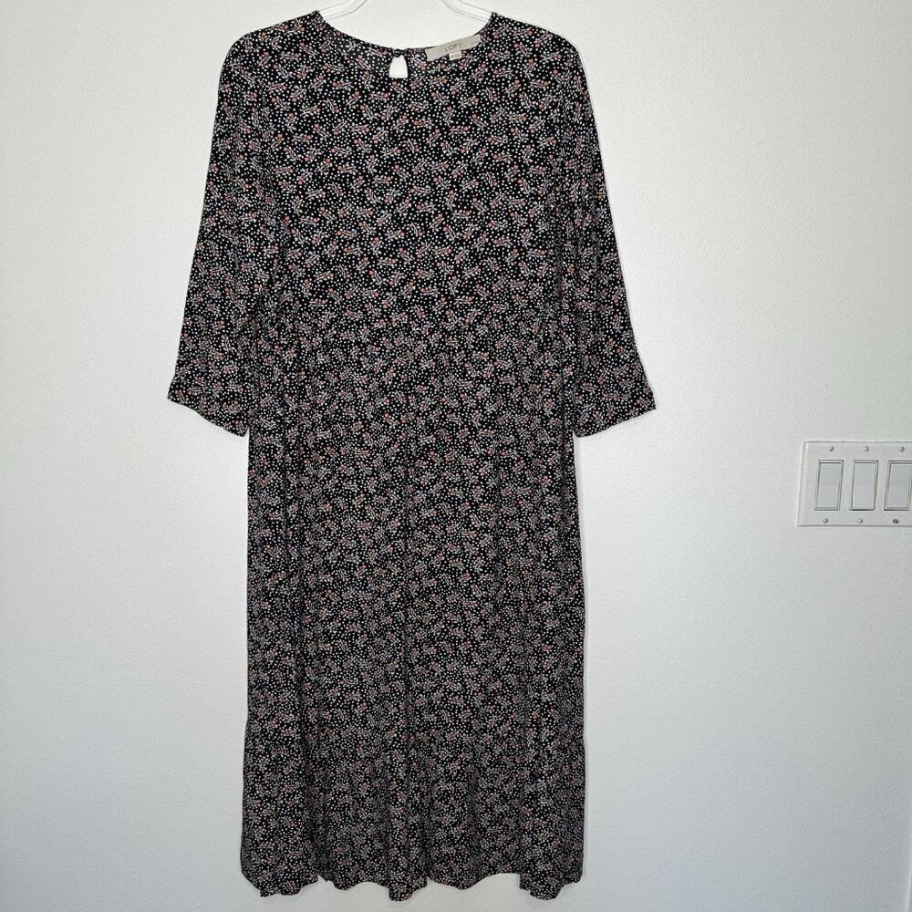 Loft Midi Dress Shift Floral Black Tiered Boho Medium Petite